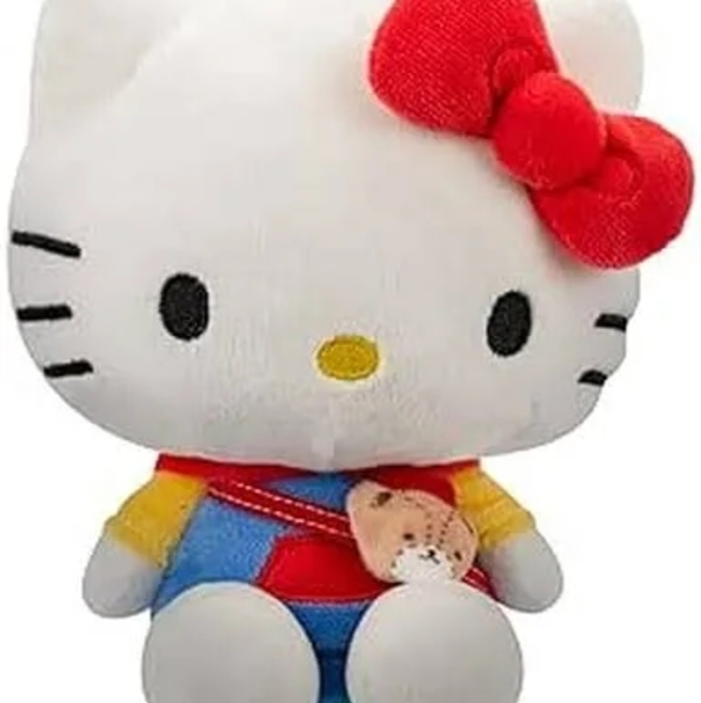 Hello Kitty Stuffed Animal with Red Bow and Blue Outfit